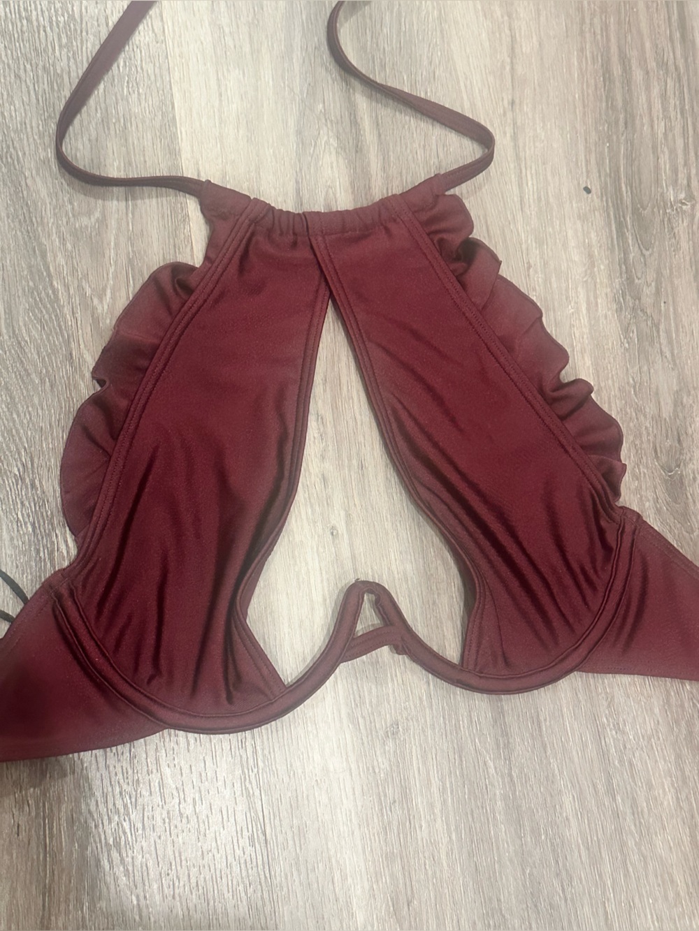 NWT Peek & Beau Wine High Shine Rare Ruffle Frill Cutout Bikini Top L US 10 Y2K